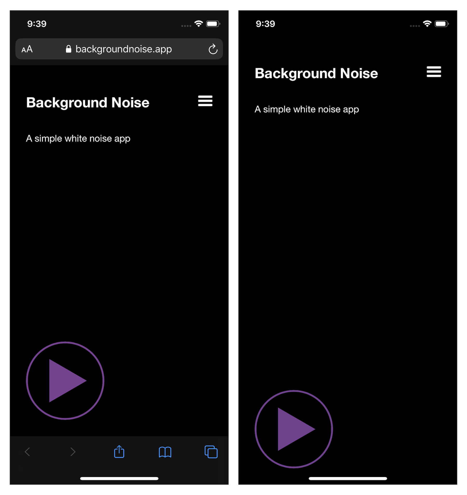 Screenshots of Background Noise, one in Safari and one in standalone